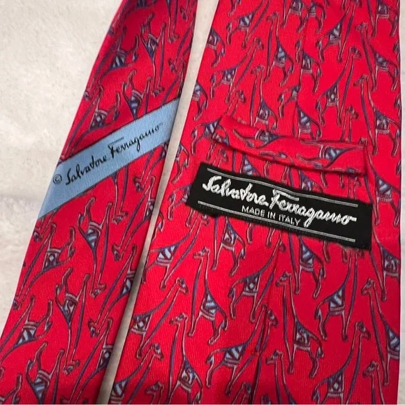 Salvatore Ferragamo Red & Blue Giraffe Silk Tie Italy